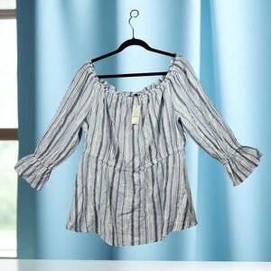 Lane Bryant‎ Top Womens 18/20 Blue Striped Off-The-Shoulder Linen Blend Plus 2X